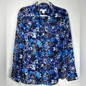 Coldwater Creek Blouse Floral Purple Blue Sheer Womens Size Large/14